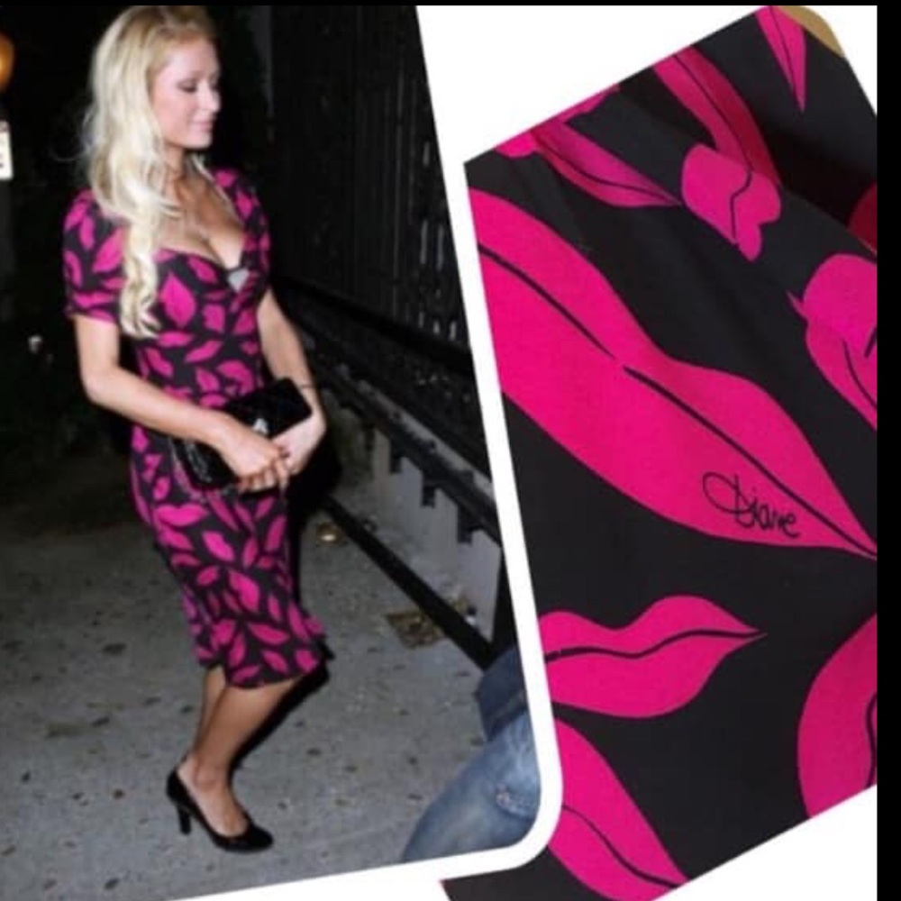 Diane Von Furstenberg Black and Pink Lips Patterned Midi Dress